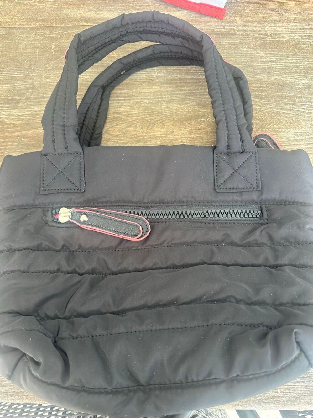 Sondra Roberts Black Quilted Puffer Tote Shoulder Bag Pink Lining Zip Closure